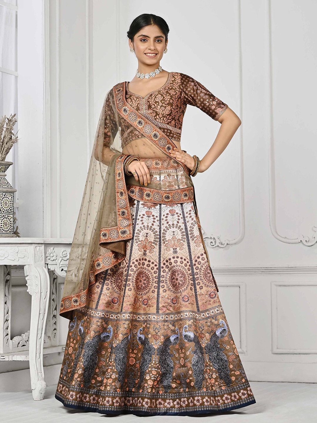 

SAPTRANGI Ethnic Motifs Printed Beads And Stones Semi-Stitched Lehenga Choli, Brown