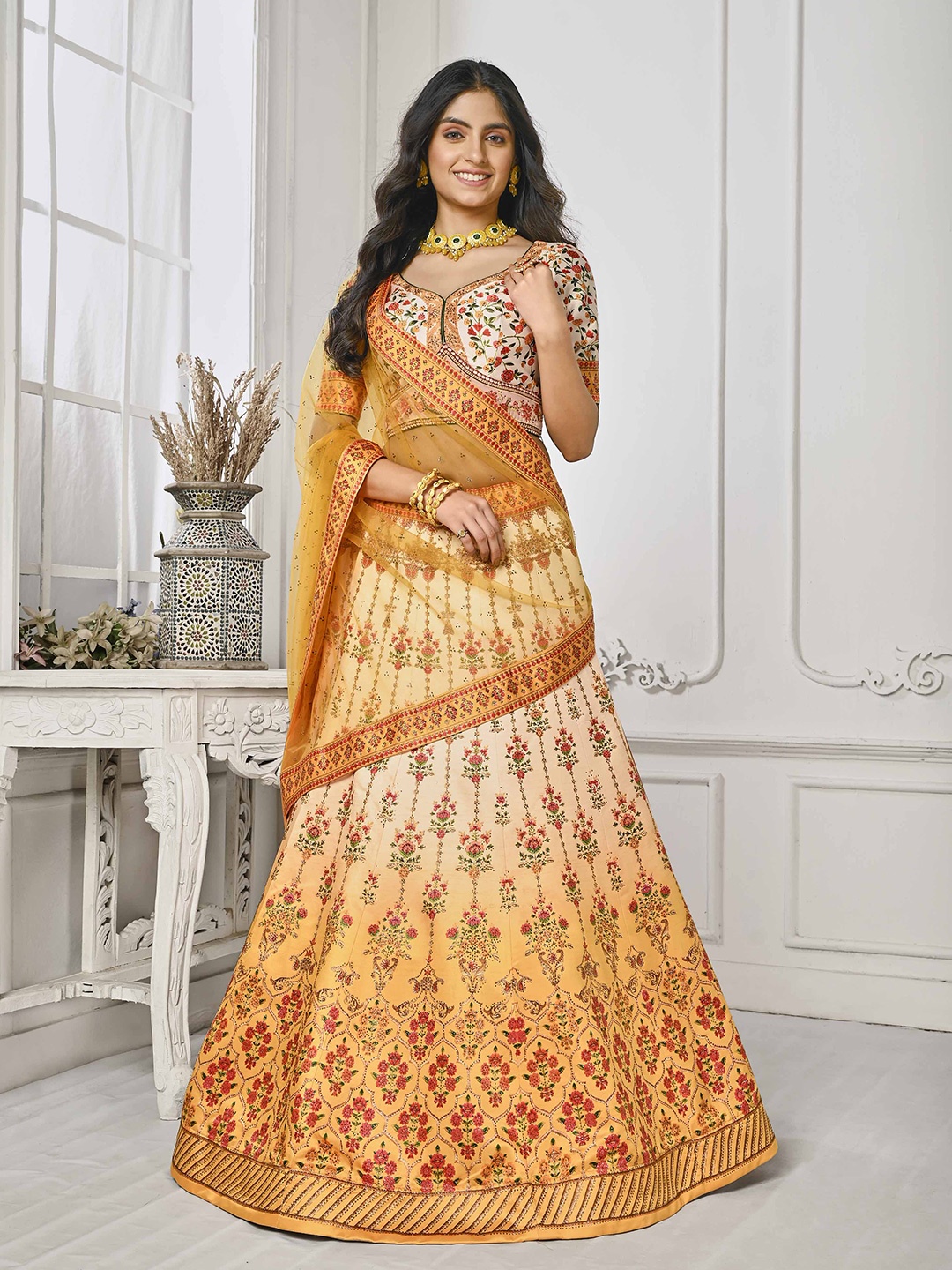 

SAPTRANGI Printed Beads And Stones Semi-Stitched Lehenga & Unstitched Blouse With Dupatta, Yellow