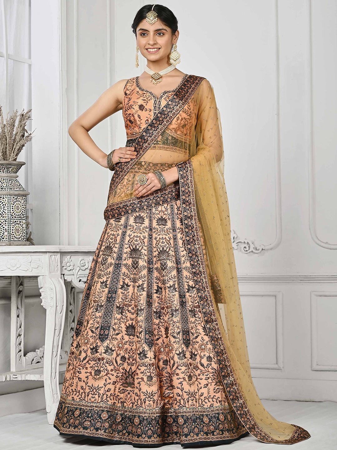 

SAPTRANGI Printed Beads And Stones Semi-Stitched Lehenga & Unstitched Blouse With Dupatta, Peach