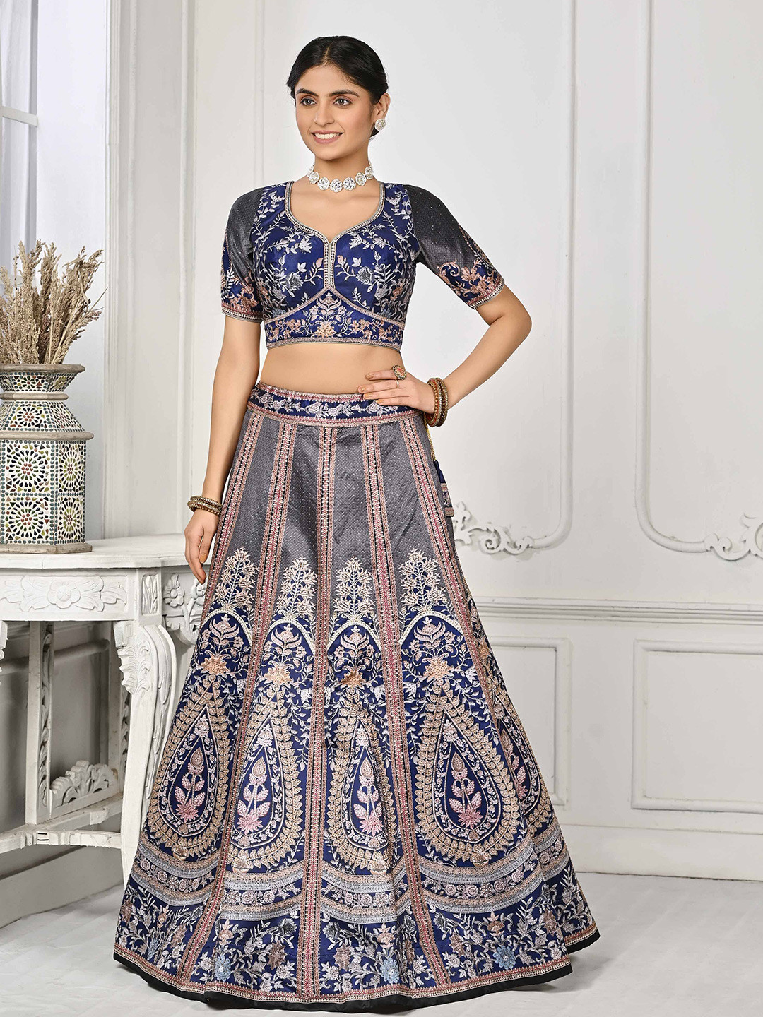 

SAPTRANGI Ethnic Motifs Printed Beads And Stones Semi-Stitched Lehenga Choli, Blue