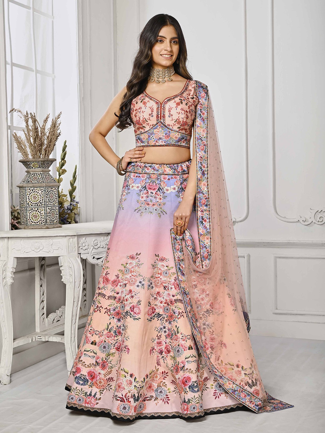 

SAPTRANGI Printed Beads And Stones Semi-Stitched Lehenga & Unstitched Blouse With Dupatta, Peach