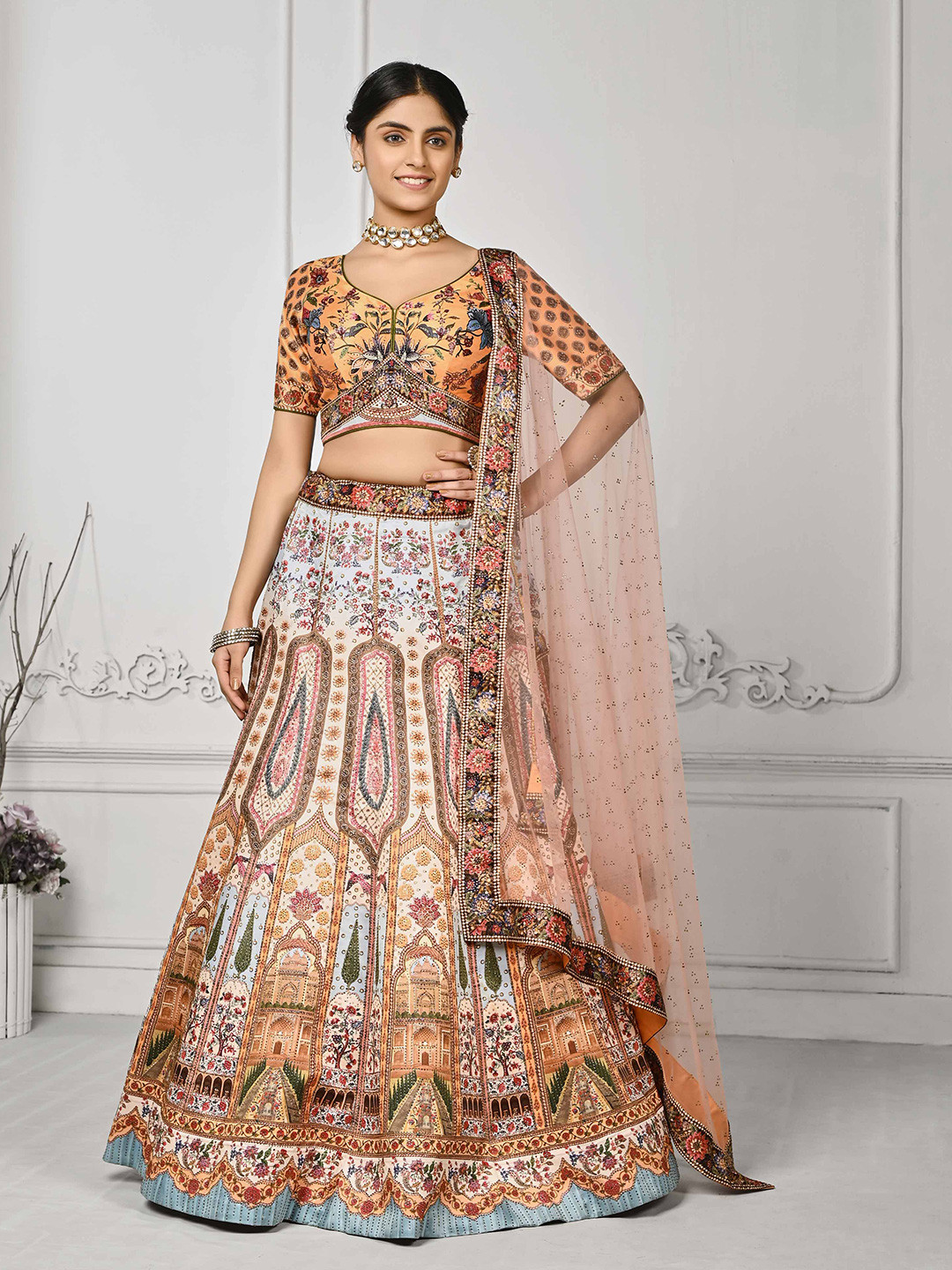 

SAPTRANGI Printed Beads And Stones Semi-Stitched Lehenga & Unstitched Blouse With Dupatta, Yellow