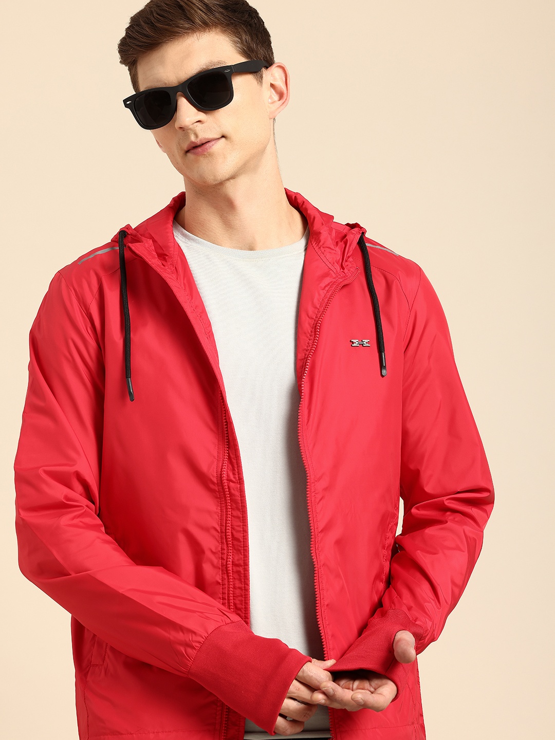 

Being Human Windcheater Hooded Jacket with Ribbed Cuffs, Red