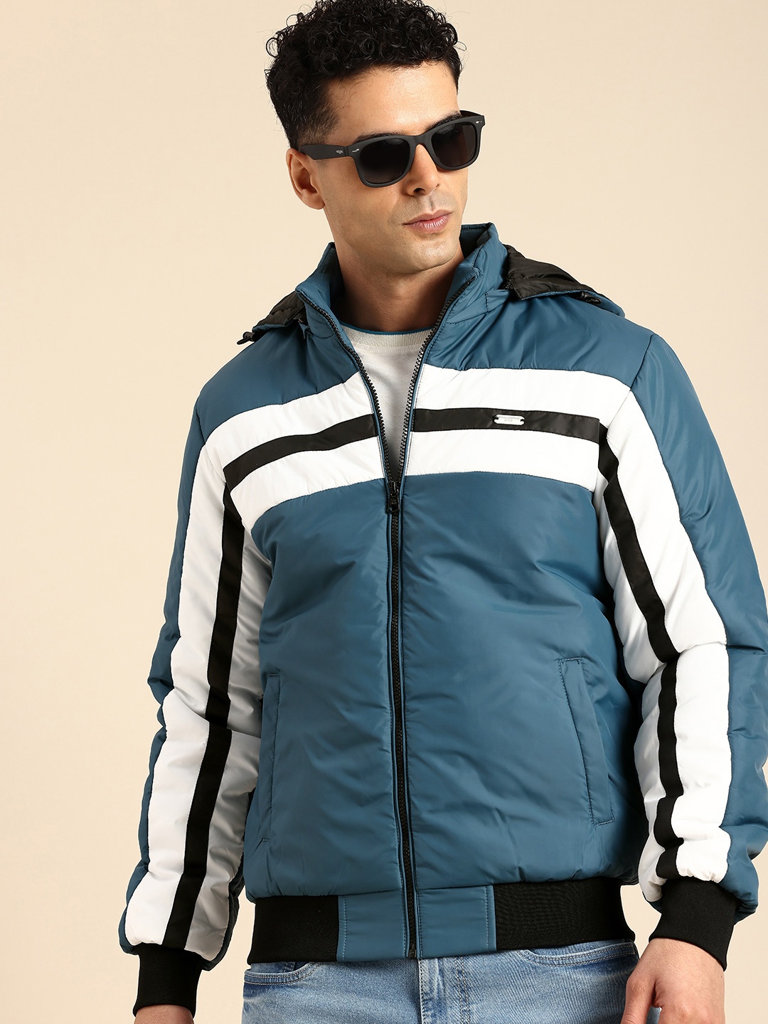 

Being Human Striped Hooded Padded Jacket, Teal