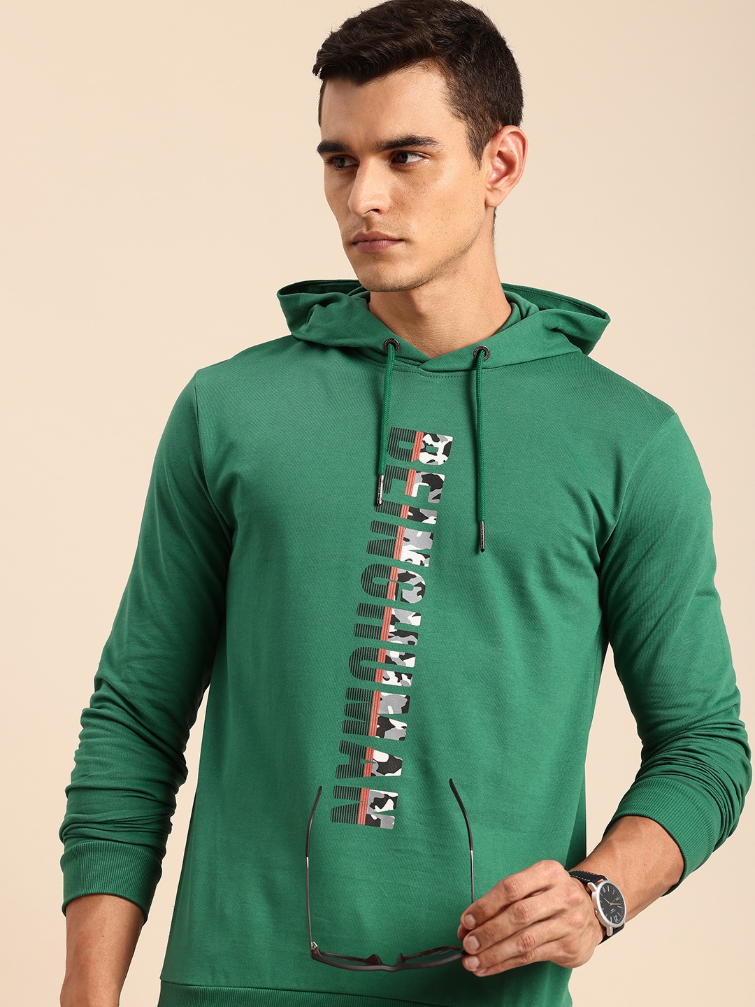 

Being Human Brand Logo Printed Pure Cotton Hooded Sweatshirt, Green