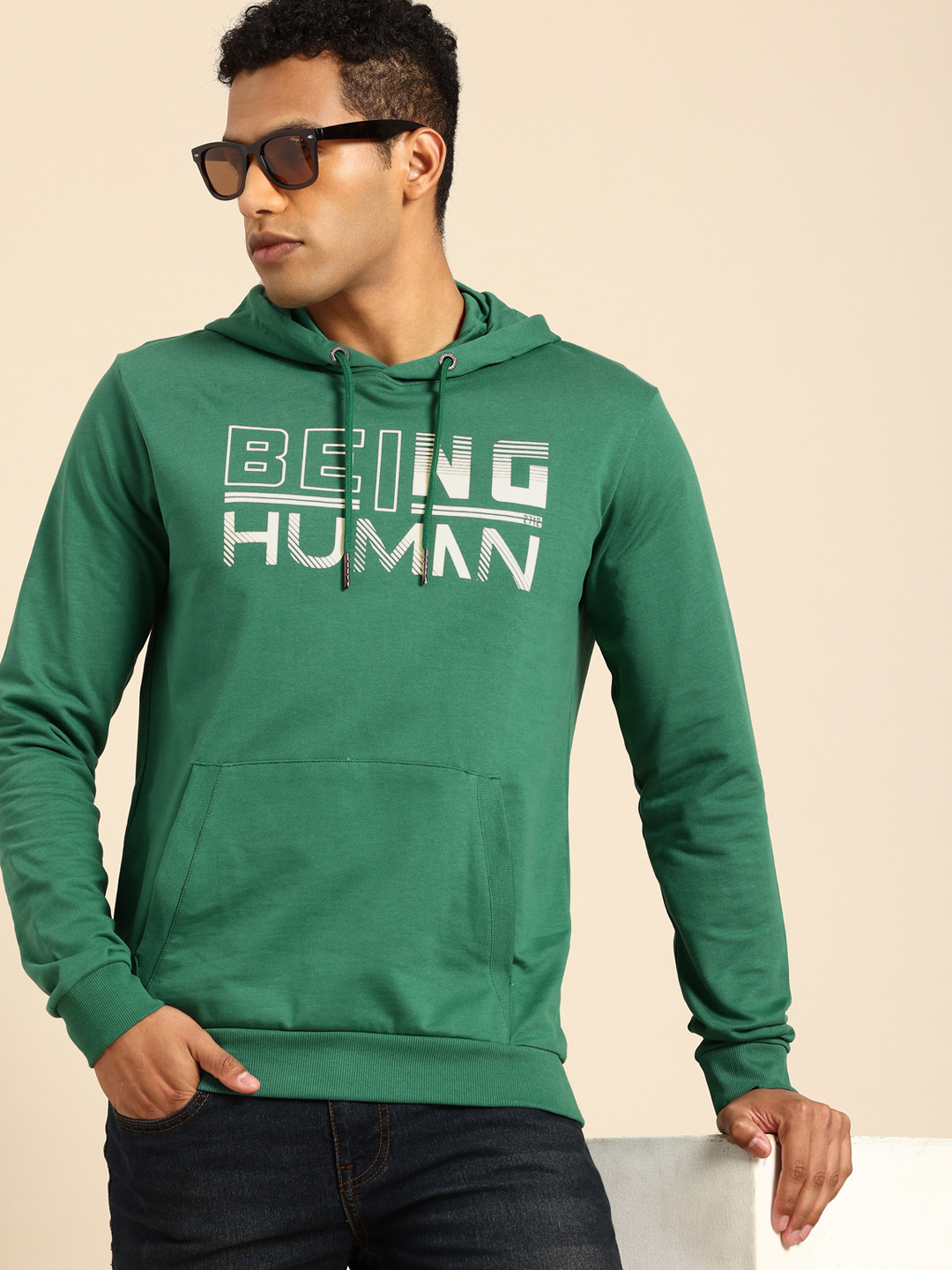 

Being Human Brand Logo Printed Hooded Pure Cotton Sweatshirt, Green