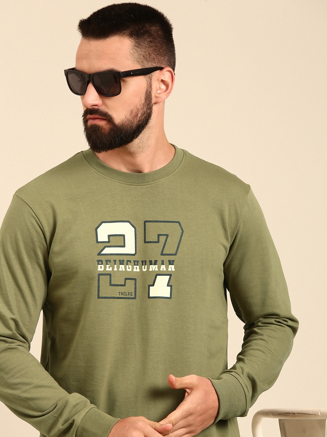 

Being Human Pure Cotton Brand Logo Printed Sweatshirt, Olive