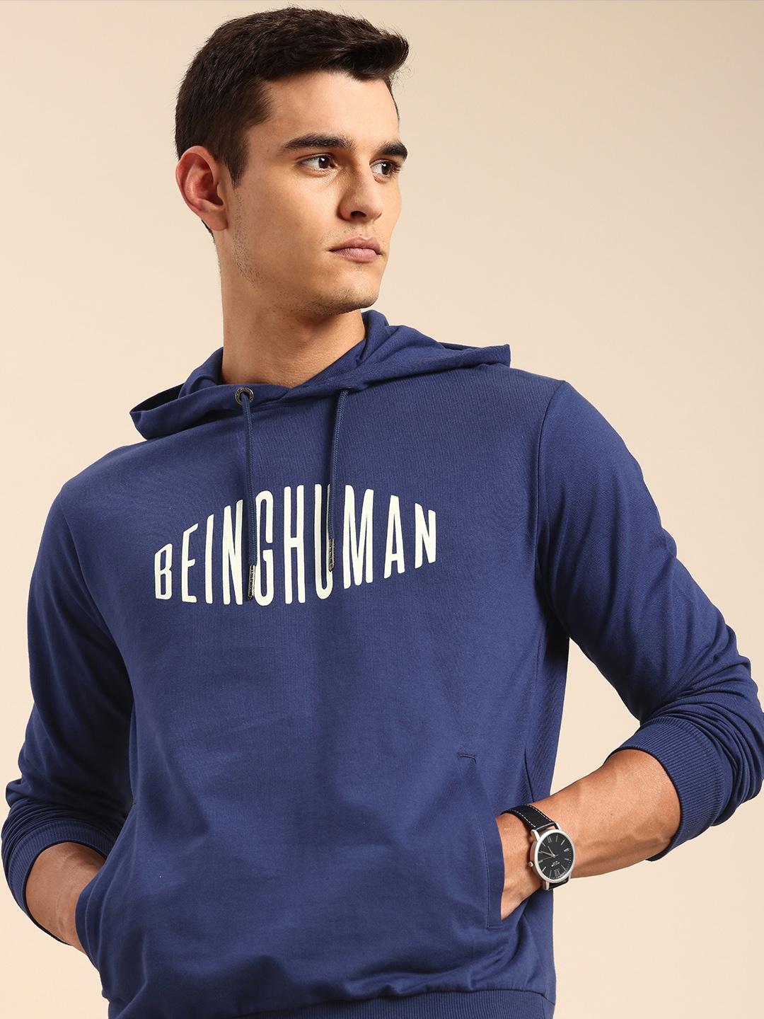 

Being Human Brand Logo Printed Pure Cotton Hooded Sweatshirt, Blue