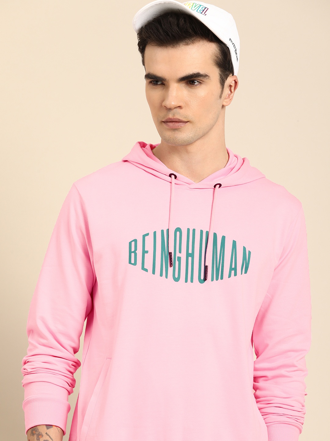 

Being Human Men Brand Logo Print Hooded Pure Cotton Sweatshirt, Pink