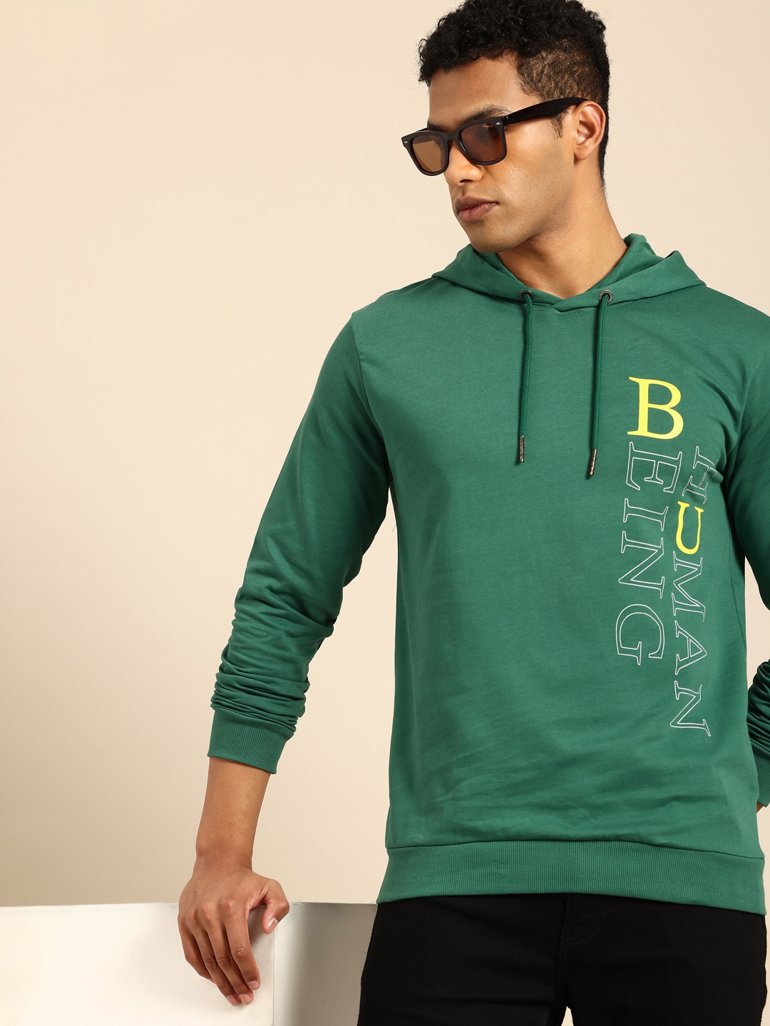 

Being Human Brand Logo Printed Pure Cotton Hooded Sweatshirt, Green