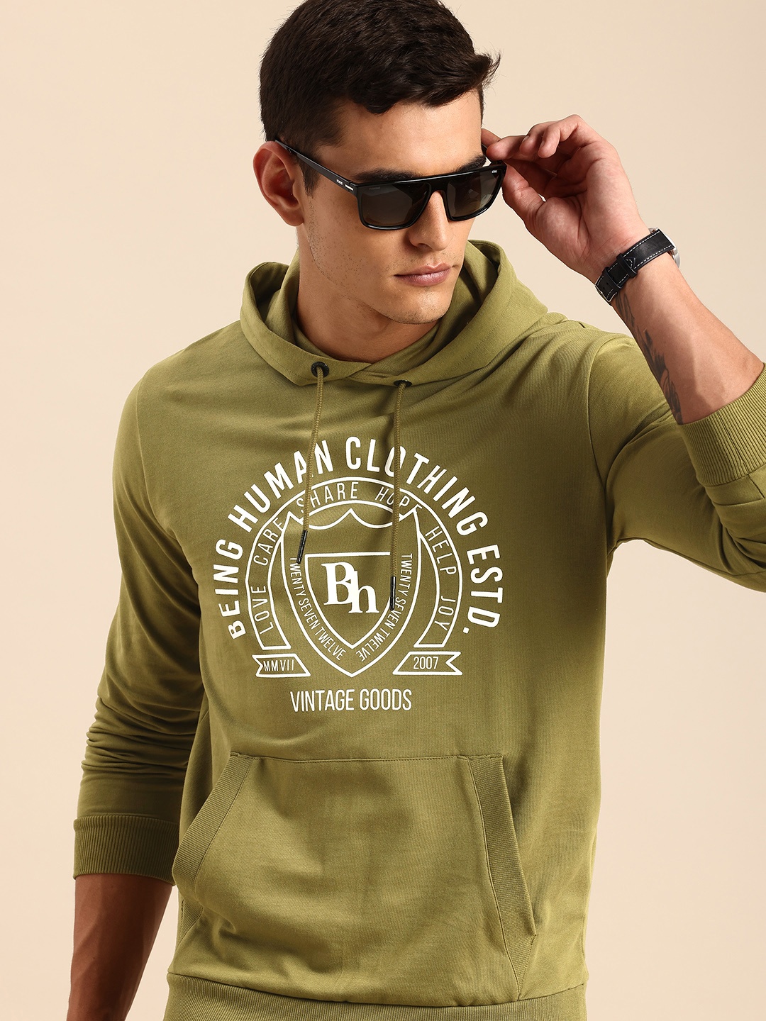 

Being Human Brand Logo Printed Pure Cotton Hooded Sweatshirt, Olive