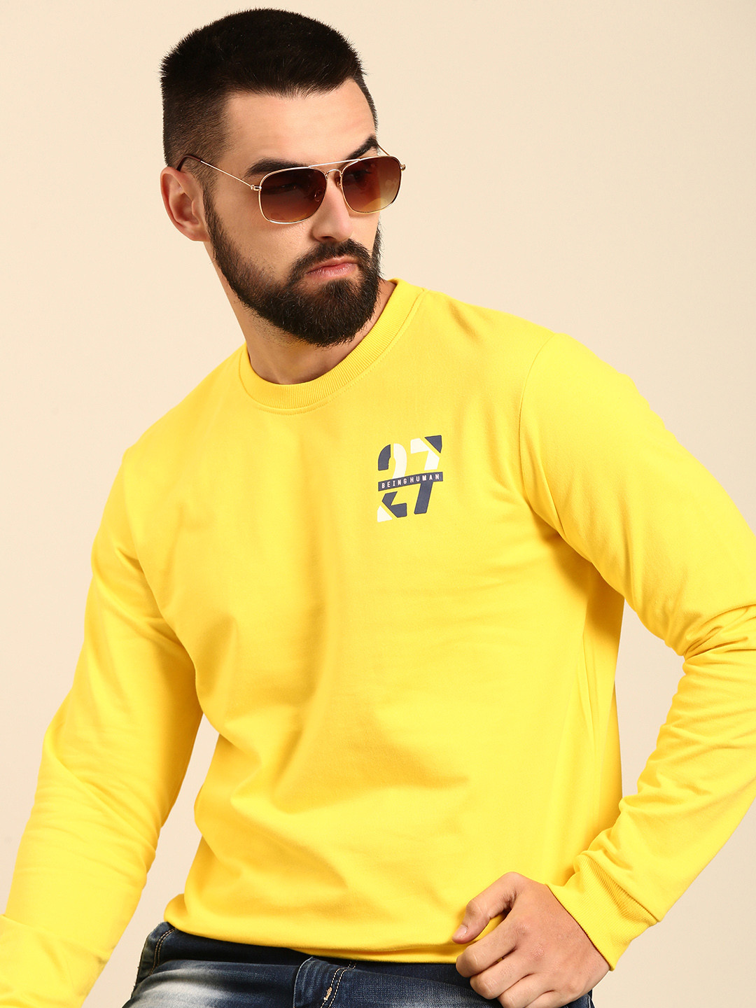 

Being Human Solid With Brand Logo Detail Pure Cotton Sweatshirt, Yellow