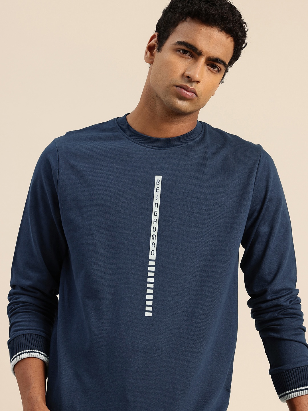 

Being Human Pure Cotton Brand Logo Printed Pullover Sweatshirt, Navy blue