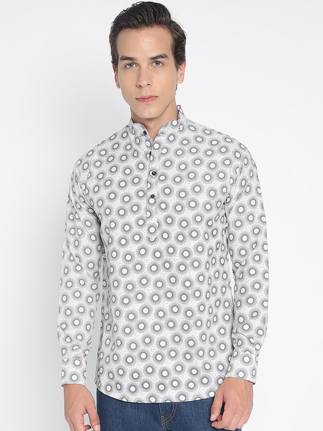 

COLORWINGS Geometric Printed Band Collar Straight Kurta, White