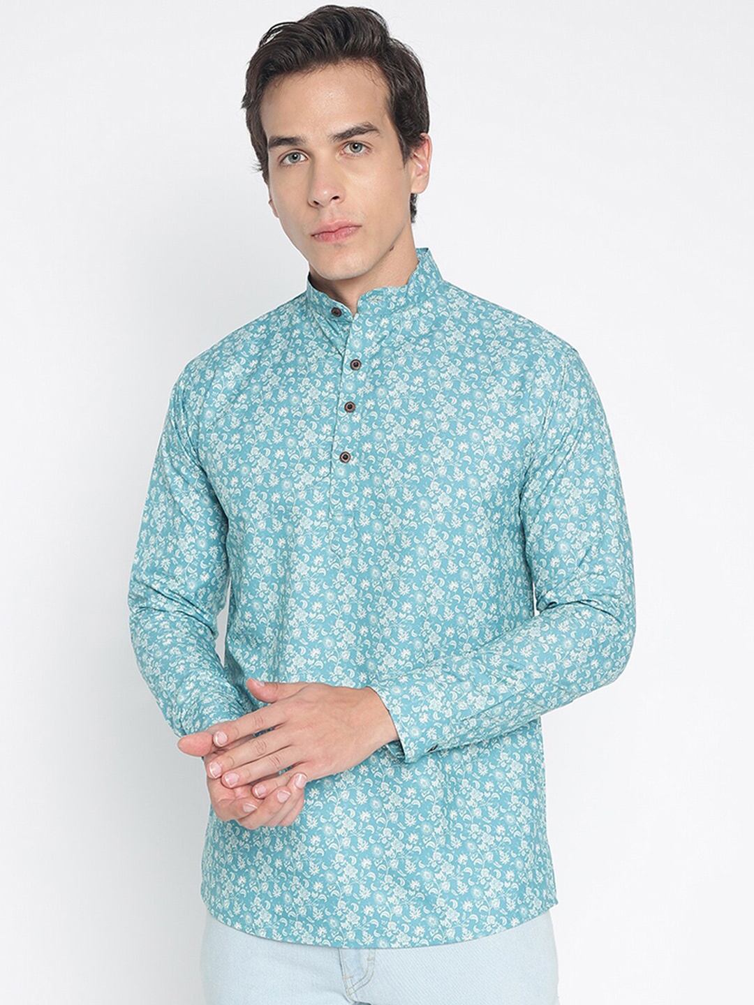 

COLORWINGS Floral Printed Band Collar Straight Kurta, Turquoise blue