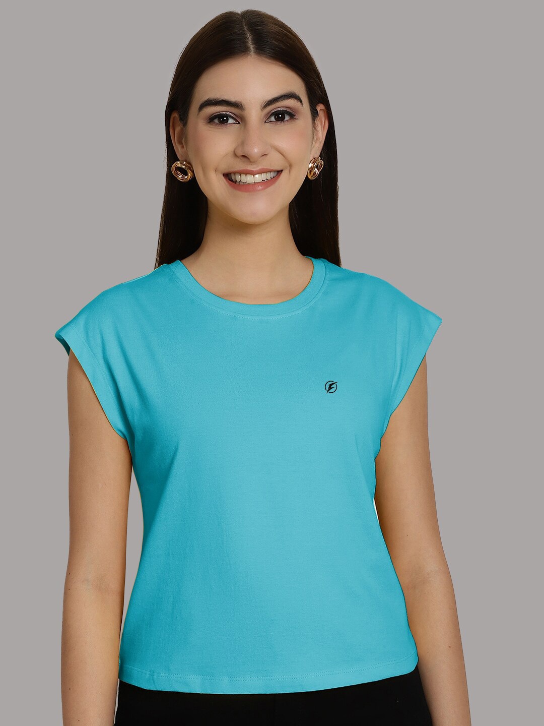 

Friskers Cotton Round Neck Extended Sleeves T-shirt, Turquoise blue