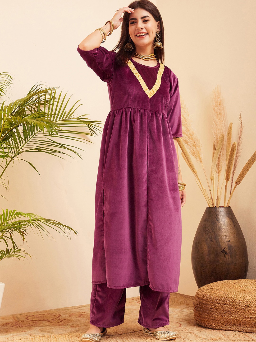 

Sangria Multiple Slits Velvet A-Line Kurta With Palazzo, Purple