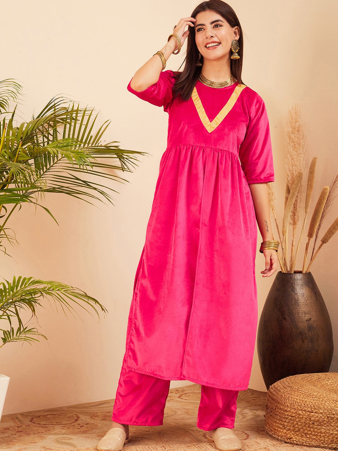 

Sangria Multiple Slits Velvet A-Line Kurta With Palazzo, Magenta