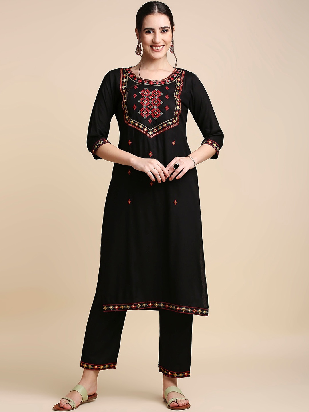 

Anubhutee Ethnic Motifs Embroidered Regular Mirror Work Kurta With Trousers, Black