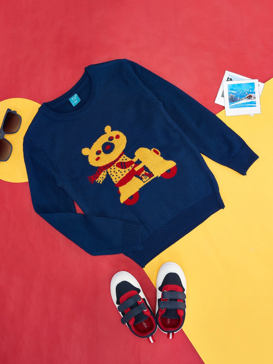 

YU by Pantaloons Boys Graphic Printed Ribbed Acrylic Pullover Sweater, Navy blue