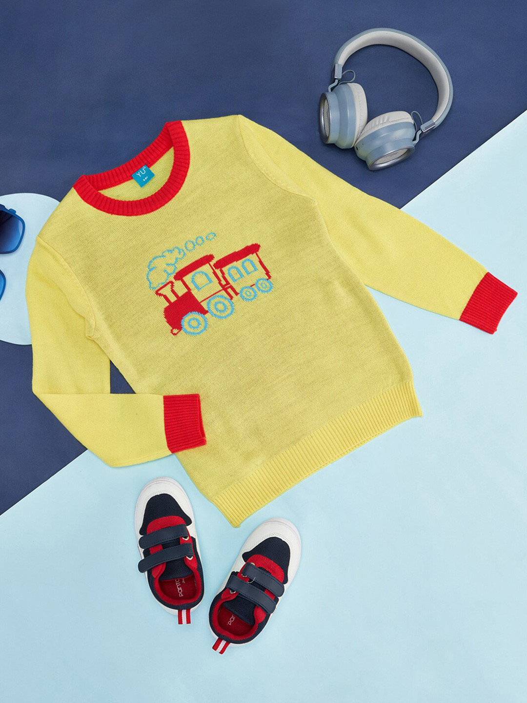 

YU by Pantaloons Boys Graphic Printed Ribbed Acrylic Pullover Sweater, Yellow