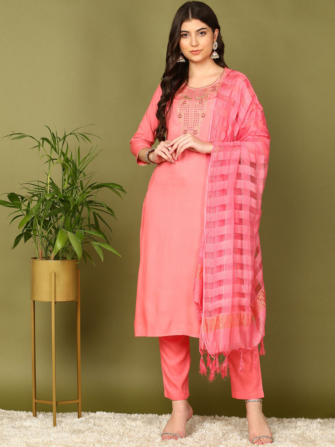 

HERE&NOW Peach-Coloured Ethnic Motifs Yoke Design Regular Kurta & Trousers With Dupatta