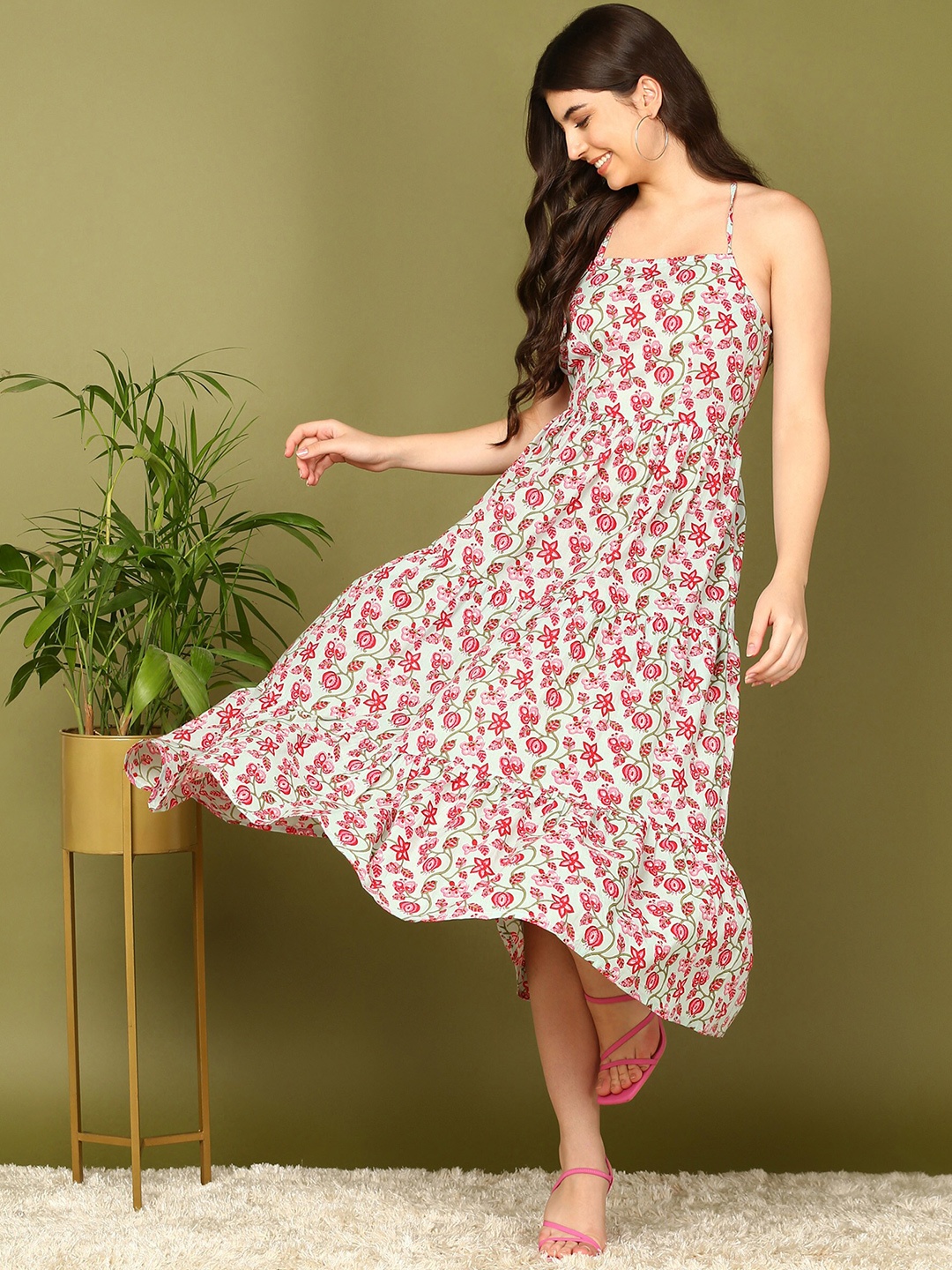 

HERE&NOW Green Floral Printed Shoulder Straps Cotton Pleated A-Line Midi Dress