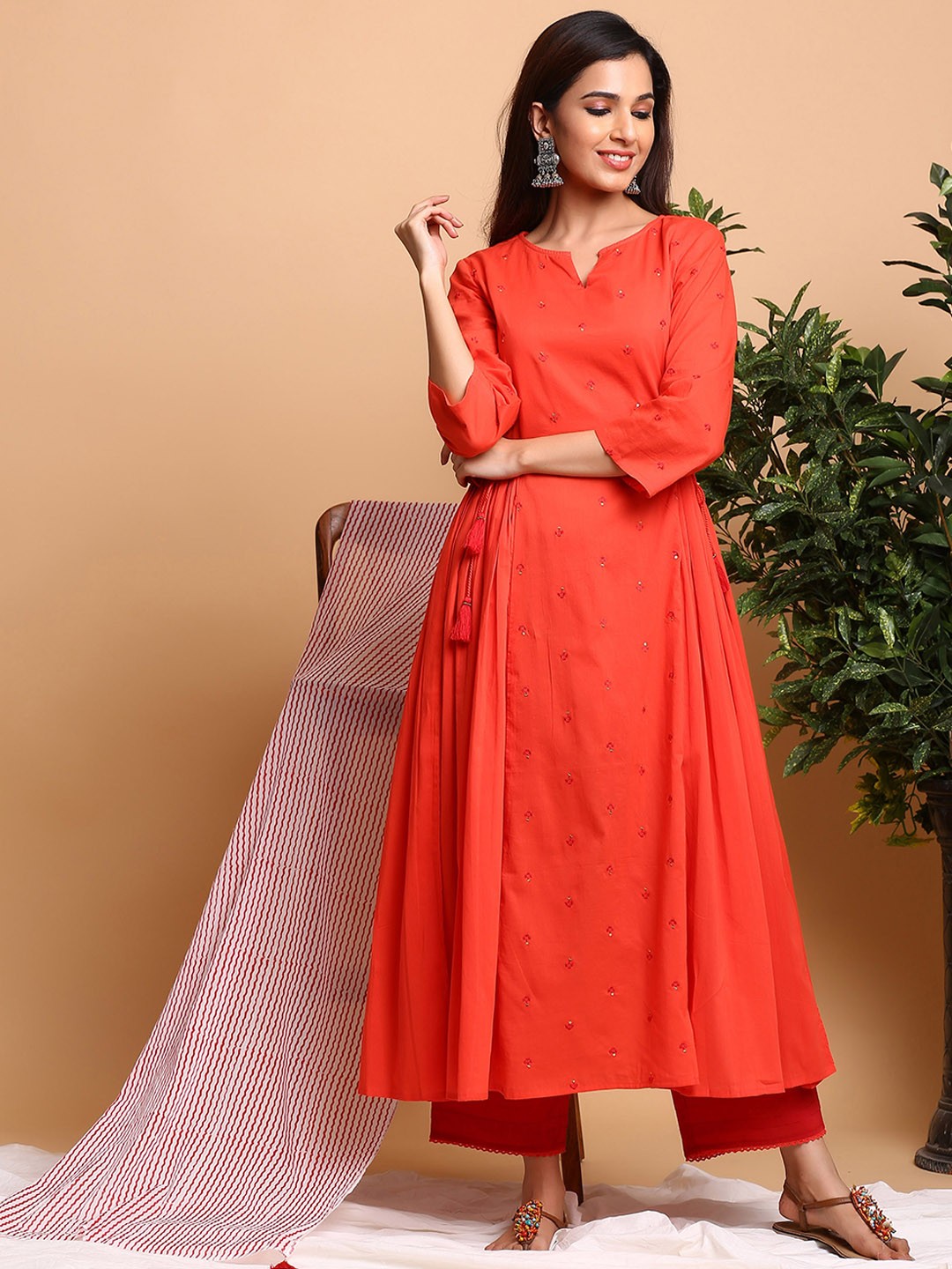 

The Kurta Express Floral Embroidered Pure Cotton A-Line Kurta With Trousers & Dupatta, Orange