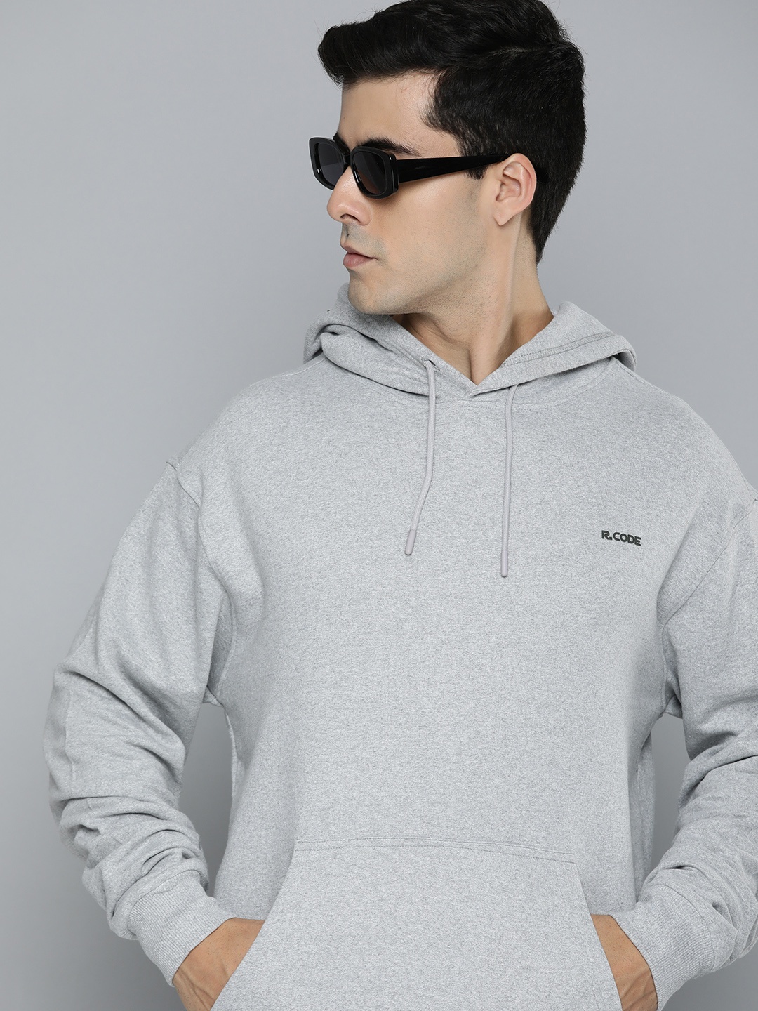 R.Code by The Roadster Life Co. Men Solid Hooded Sweatshirt, Grey melange