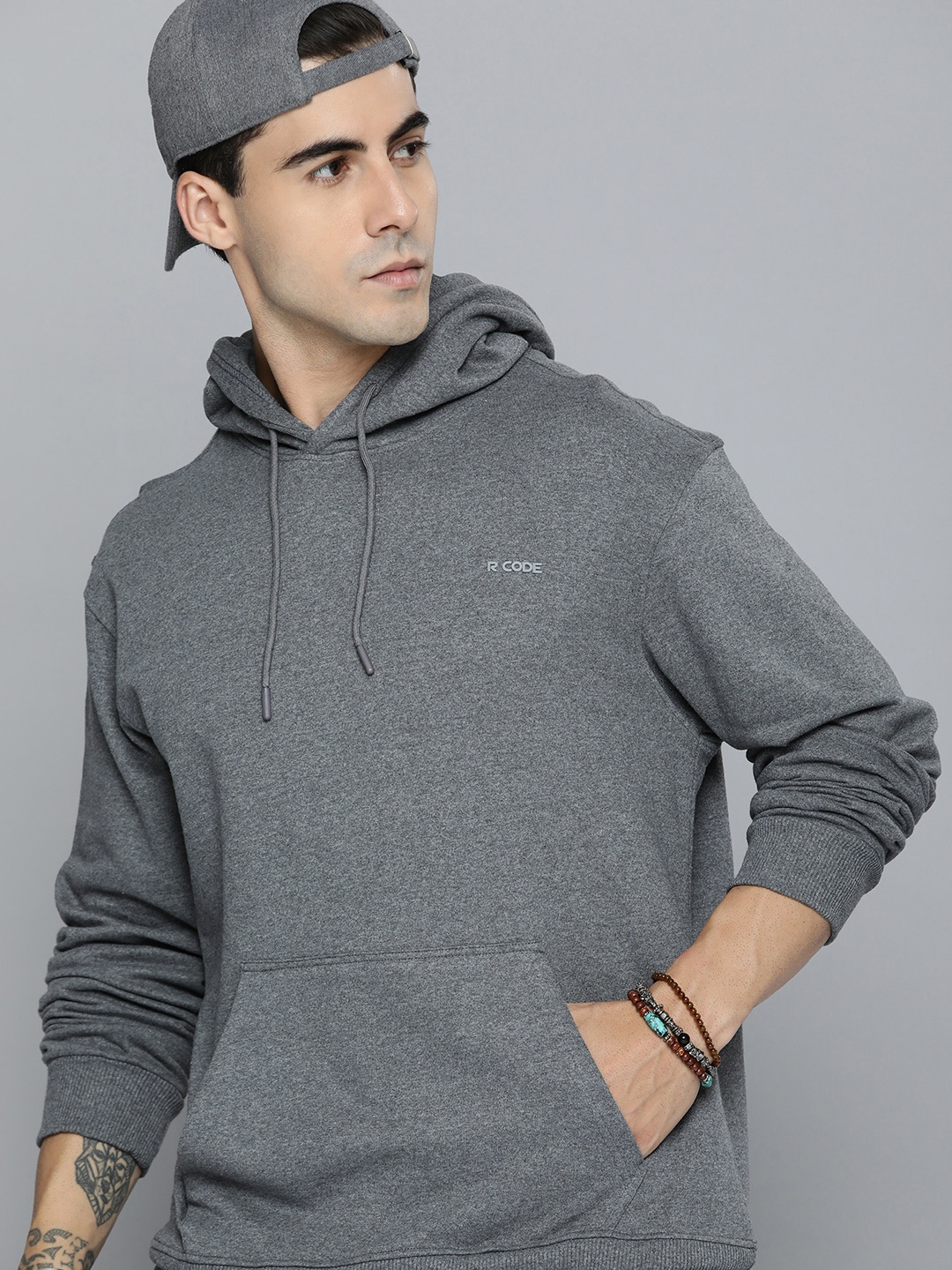 

R.Code by The Roadster Life Co. Men Solid Hooded Sweatshirt, Charcoal