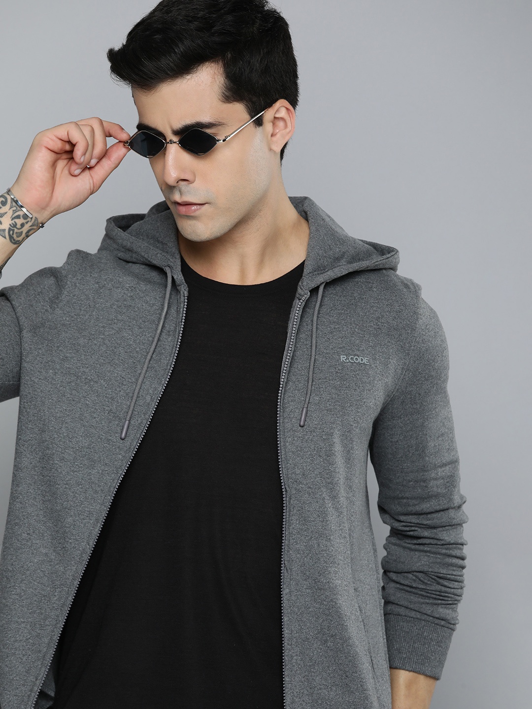 

R.Code by The Roadster Life Co. Men Hooded Sweatshirt, Grey