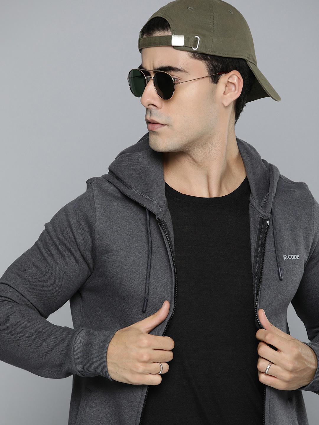 

R.Code by The Roadster Life Co. Men Hooded Sweatshirt, Grey
