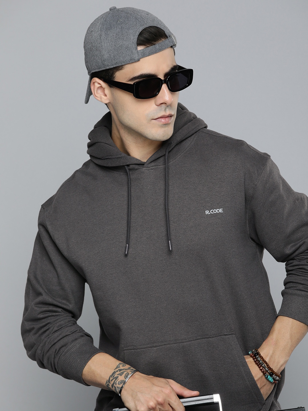 

R.Code by The Roadster Life Co. Men Solid Hooded Sweatshirt, Grey