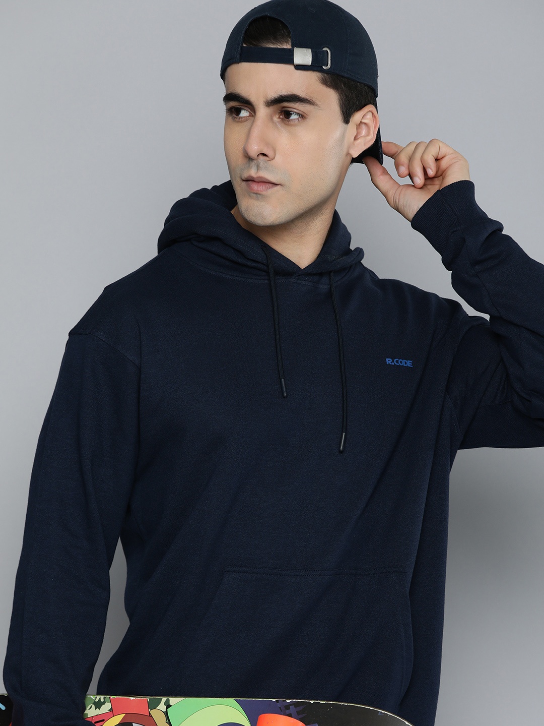 R.Code by The Roadster Life Co. Men Hooded Sweatshirt, Navy blue