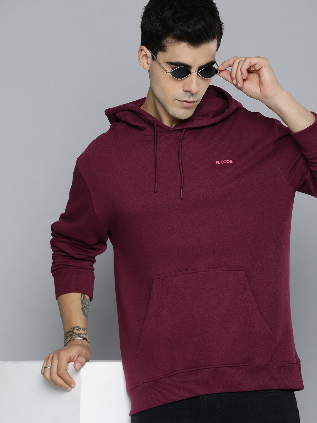 

R.Code by The Roadster Life Co. Men Hooded Sweatshirt, Burgundy