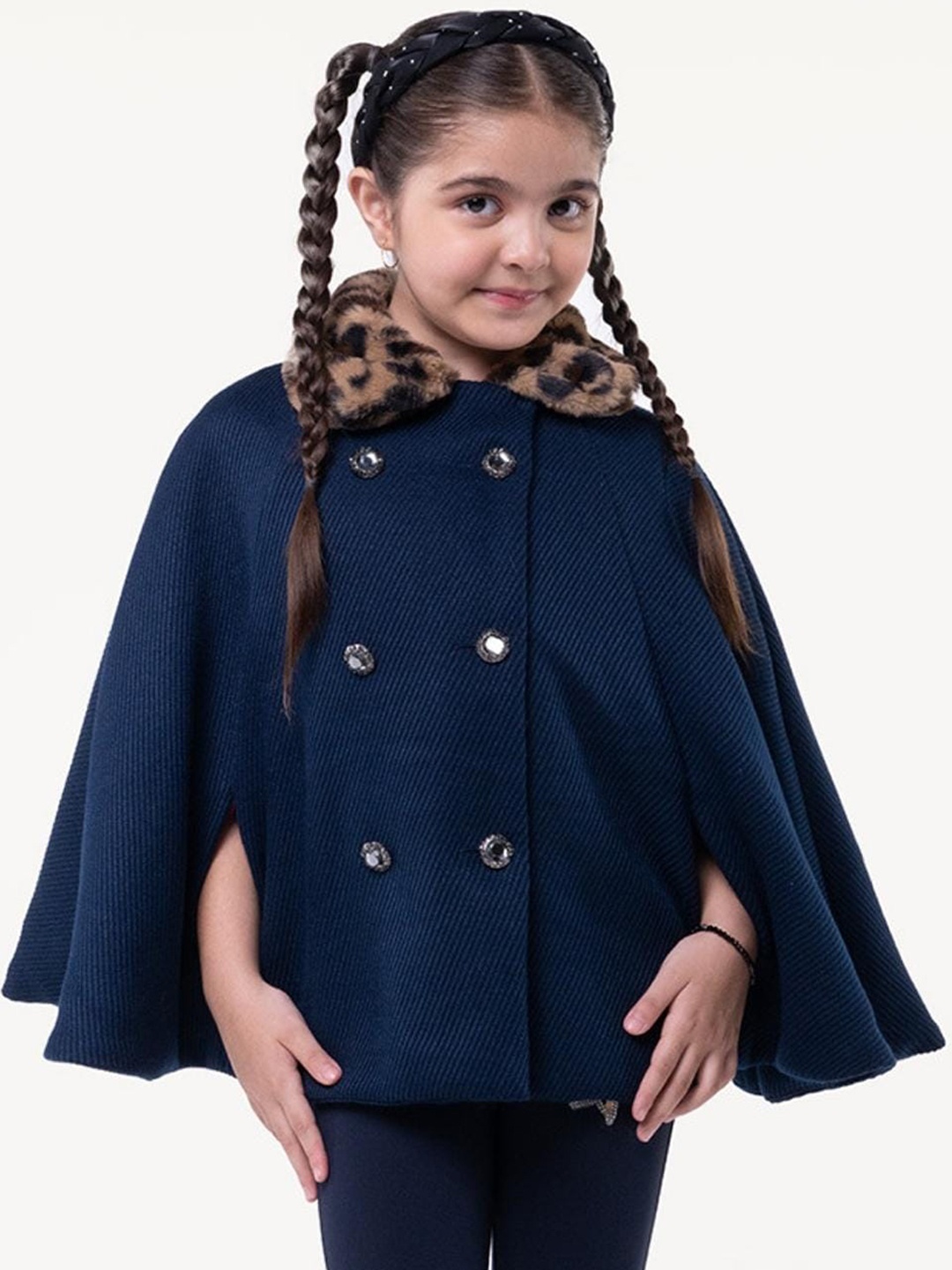 

One Friday Girls Mock Collar Pure Cotton Overcoat, Navy blue