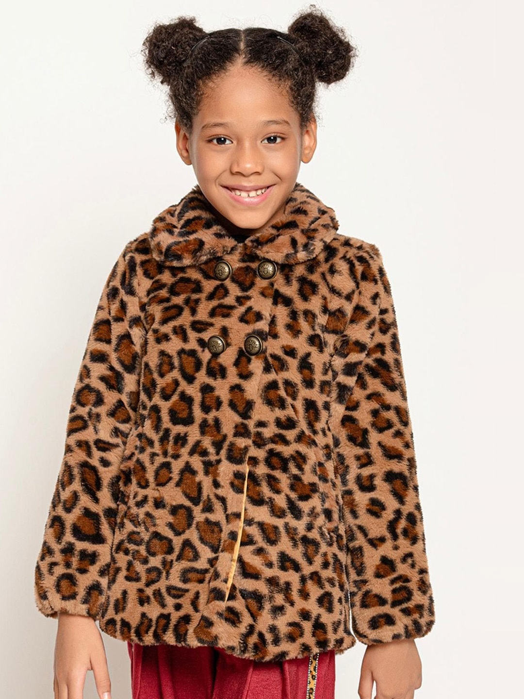 

One Friday Girls Printed Double Breasted Overcoat, Brown