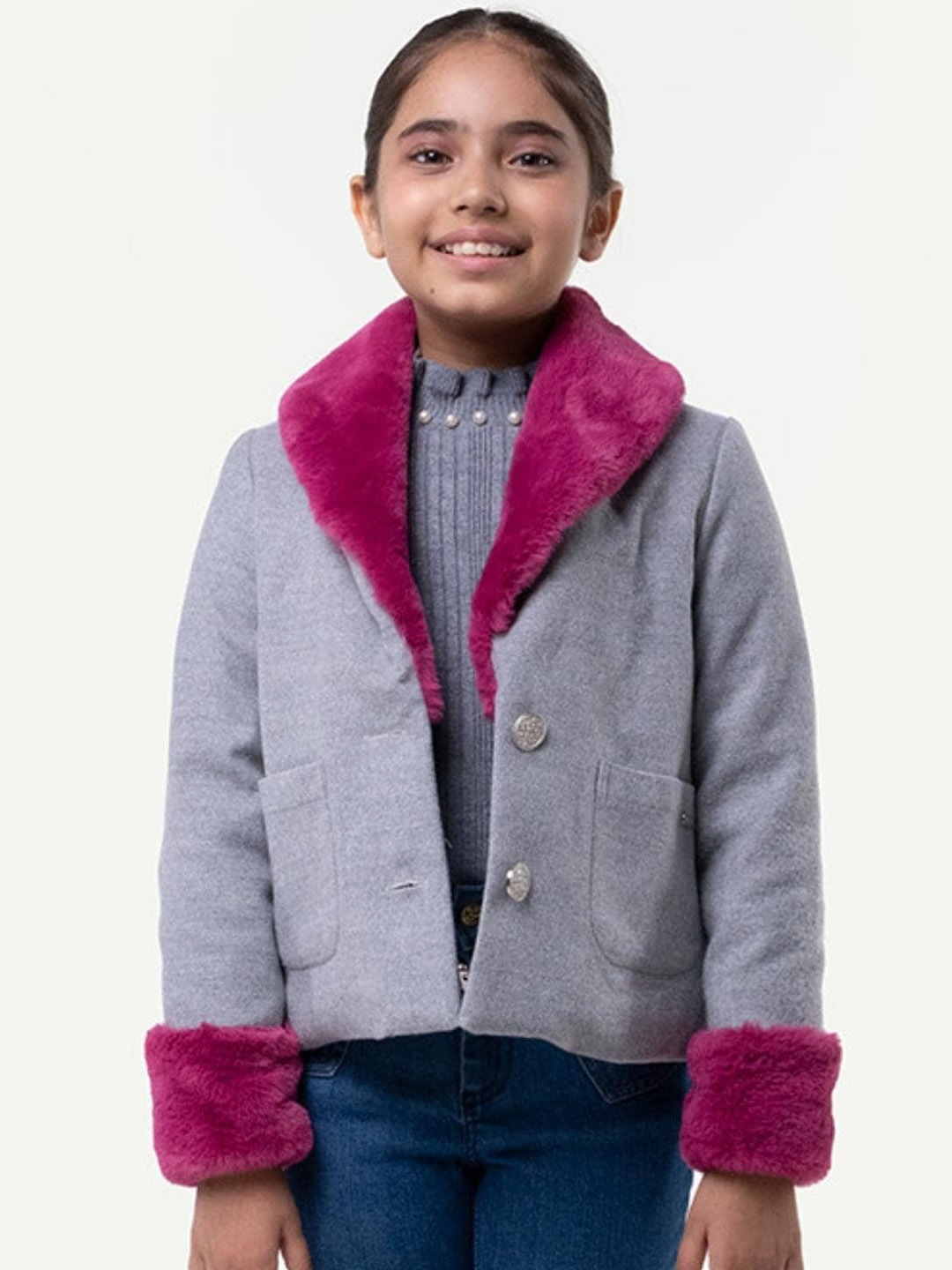 

One Friday Girls Shawl Collar Single Breasted Overcoat, Grey