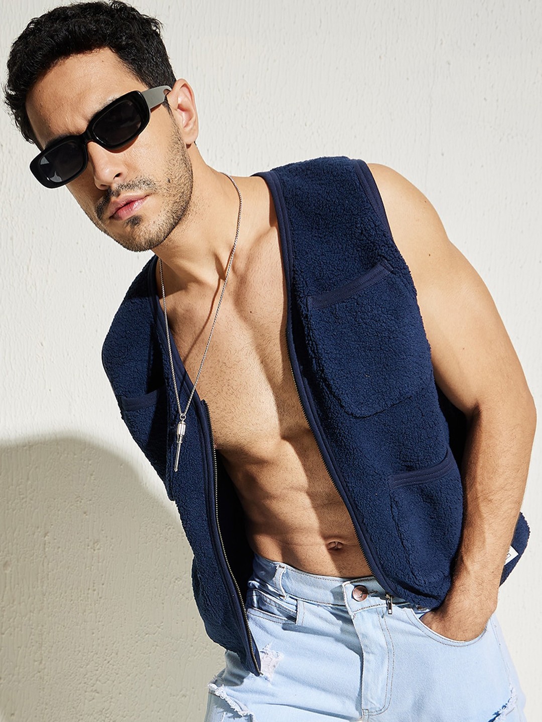 

FUGAZEE Navy Blue V-Neck Lightweight Open Front Fleece Jacket