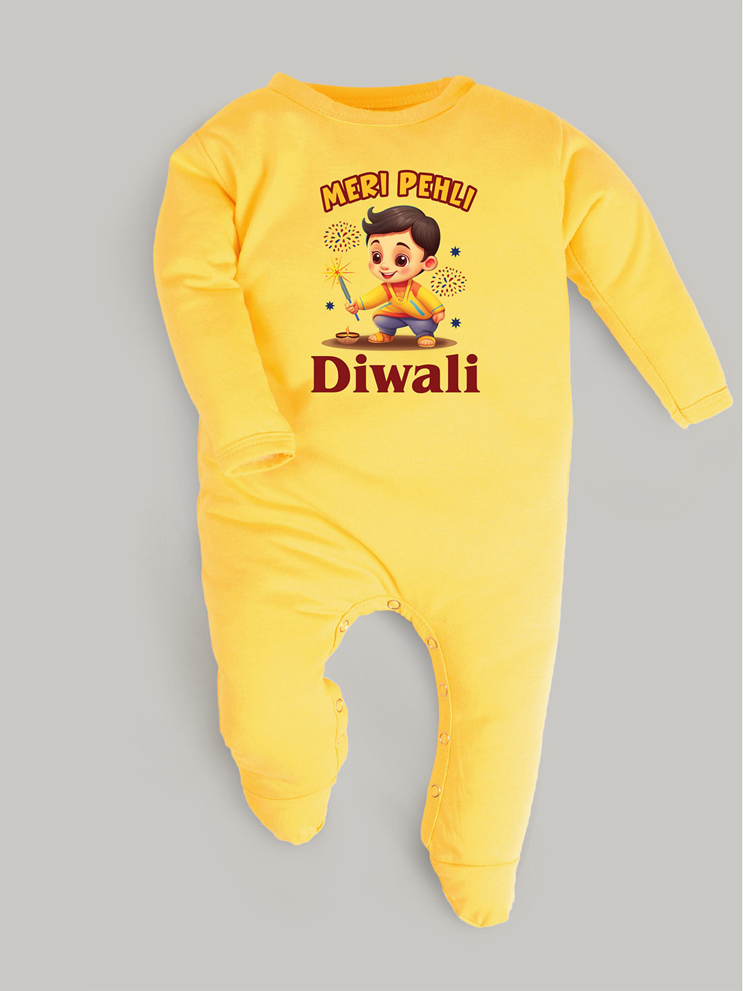 

FFLIRTYGO Infants Printed Diwali Pure Cotton Sleepsuit, Yellow