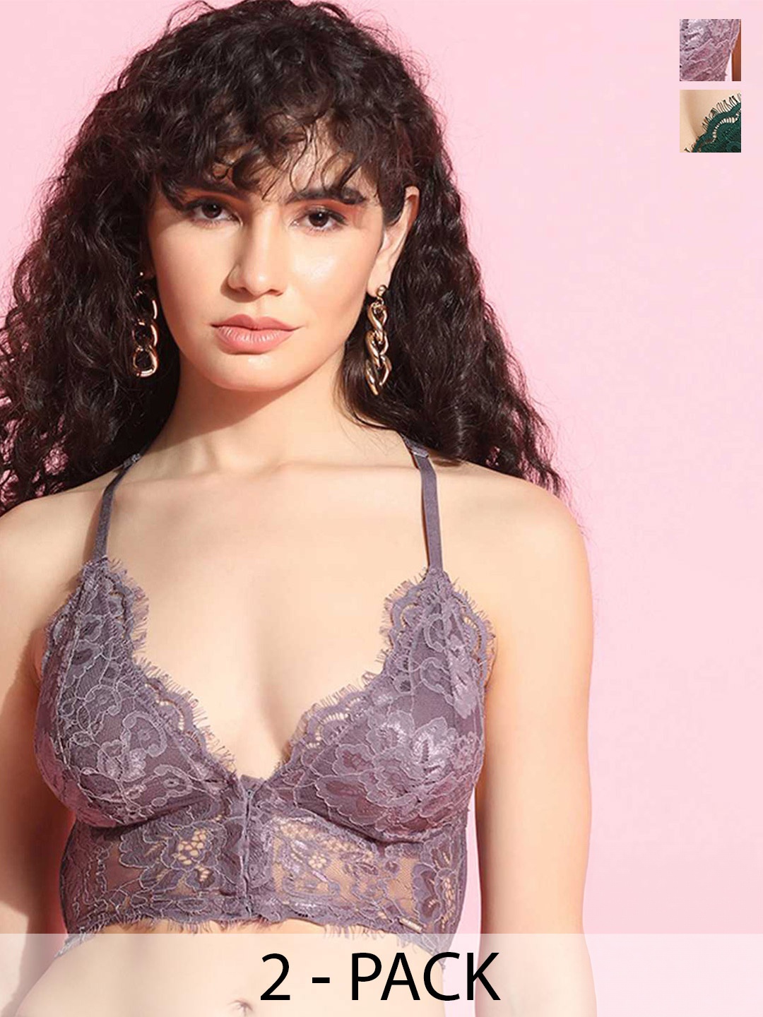

Da Intimo Pack Of 2 Floral Laced Bralette Medium Coverage Bras With All Day Comfort, Mauve