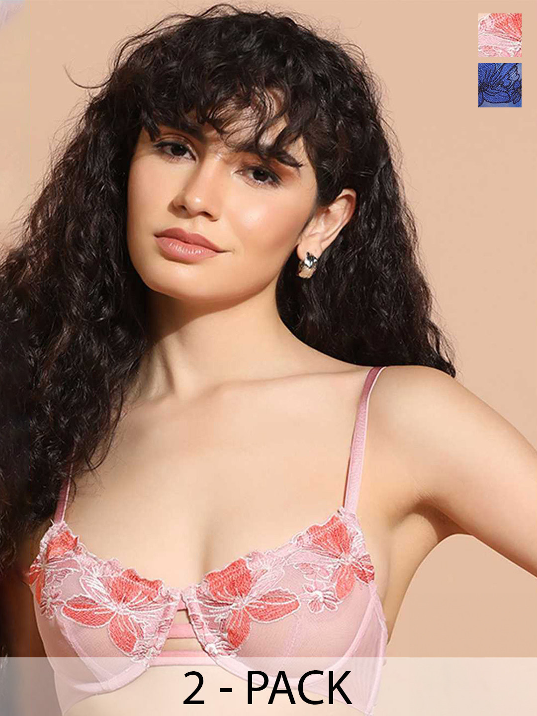 

Da Intimo Pack Of 2 Floral Laced Half Coverage Underwired Bras With All Day Comfort, Pink