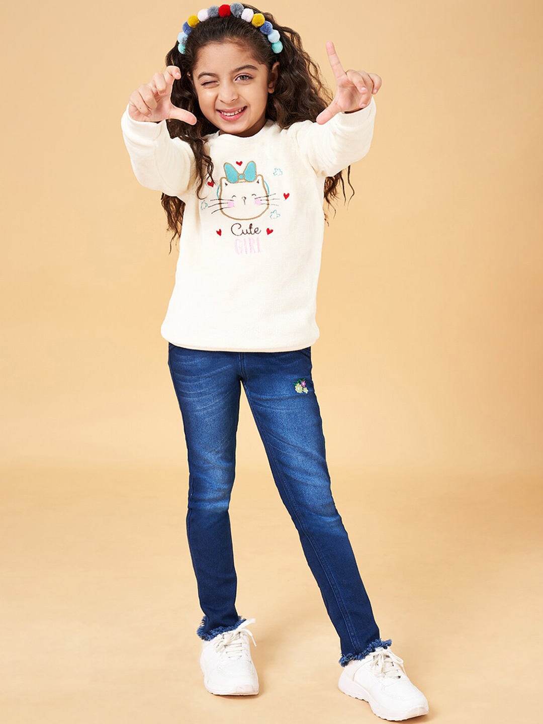

YU by Pantaloons Girls Graphic Embroidered Round Neck Pullover Sweater, Beige