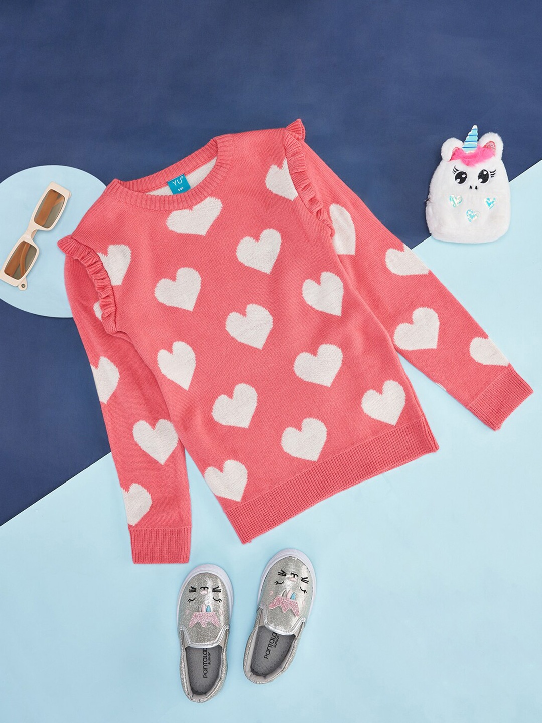 

YU by Pantaloons Girls Conversational Printed Ribbed Acrylic Pullover Sweater, Pink