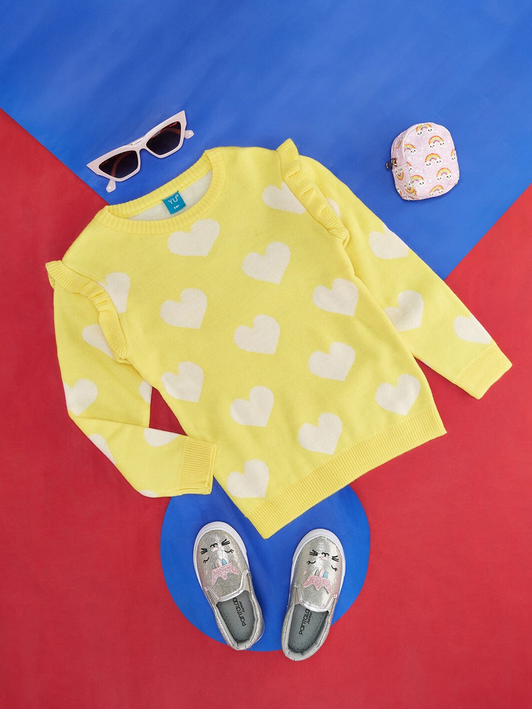 

YU by Pantaloons Girls Conversational Printed Round Neck Cotton Pullover Sweater, Yellow