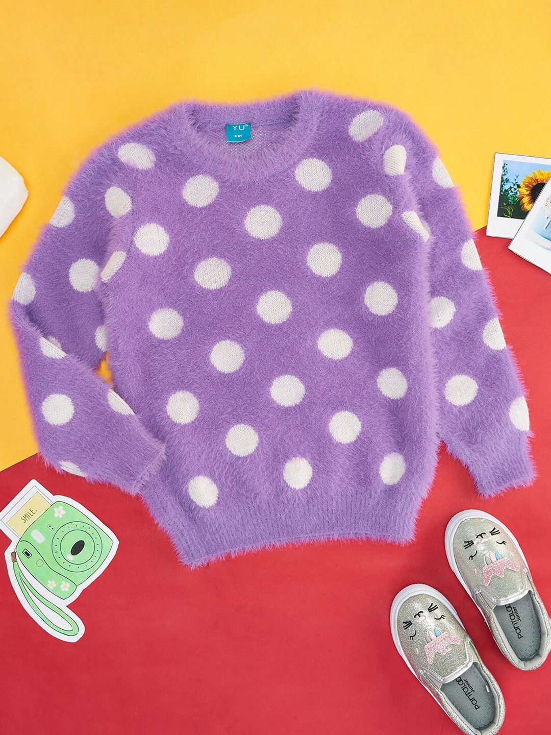 

YU by Pantaloons Girls Geometric Printed Round Neck Fuzzy Pullover Sweater, Lavender