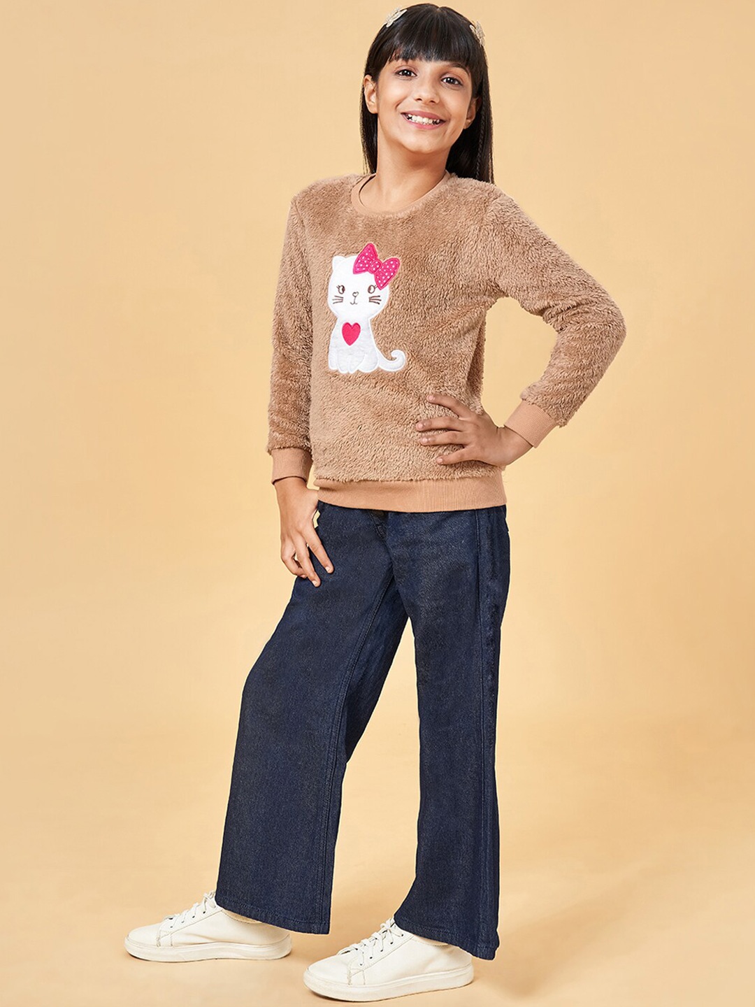 

YU by Pantaloons Girls Embroidered Cotton Pullover Sweater, Khaki