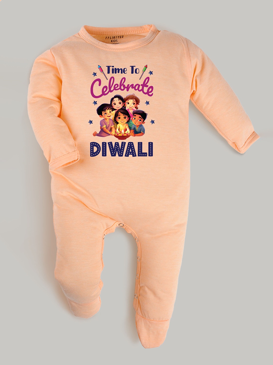 

FFLIRTYGO Infants Printed Diwali Pure Cotton Sleepsuit, Peach