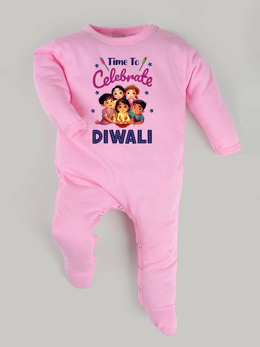 

FFLIRTYGO Infants Printed Diwali Pure Cotton Sleepsuit, Pink