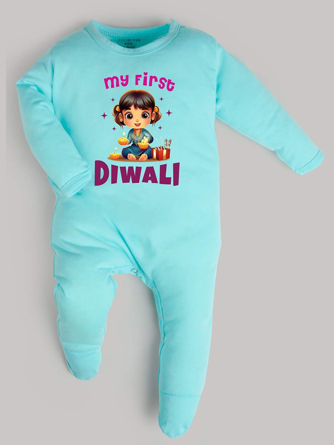 

FFLIRTYGO Infants Printed Pure Cotton Sleepsuit, Turquoise blue